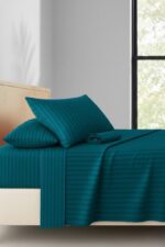 Luxury Teal Striped Satin Bedsheet Set – Hotel Collection - Image 3